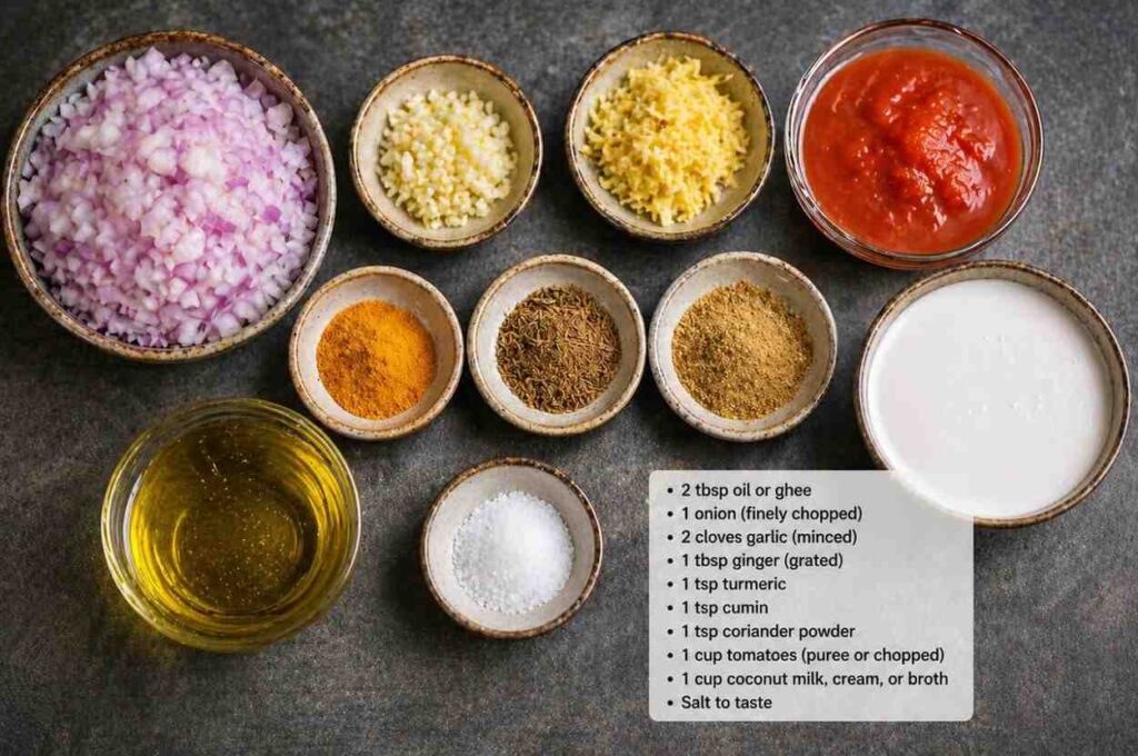 different ingredients of indian curry sauce